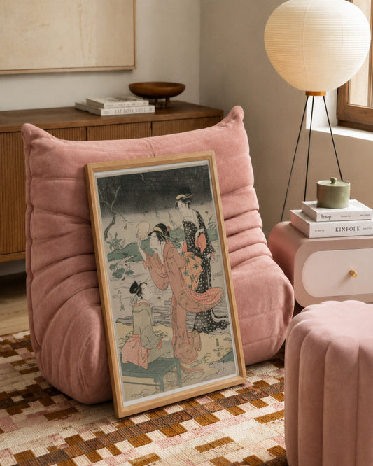 Chōbunsai Eishi - Women Beside a Stream Chasing Fireflies - framed print in a styled room