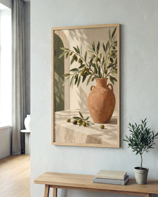 Jennet Hampsonn - Sunlit Terracotta Vase with Olive Branches - framed print in a styled room