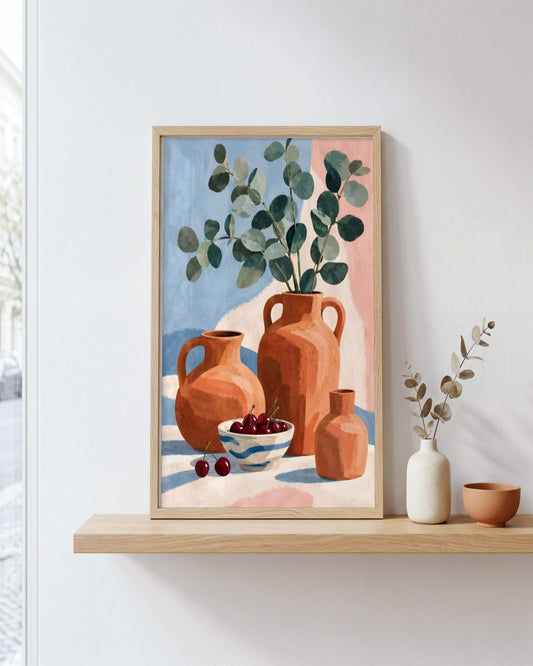 Jinna Jerre - Gouache Still Life with Cherries and Eucalyptus - framed print in a styled room