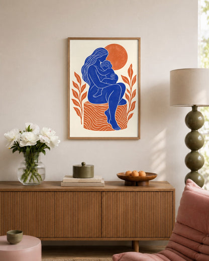 Yavr Johanssen - Linocut Embrace Beneath the Sun - framed print in a styled room