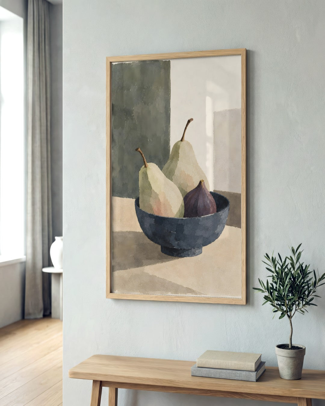 Cengiz Curtis - Muted Pears and Fig in a Dark Bowl - framed print in a styled room
