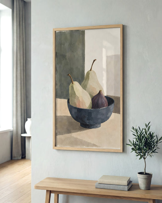Cengiz Curtis - Muted Pears and Fig in a Dark Bowl - framed print in a styled room