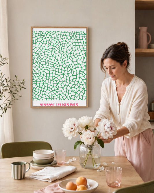 Yayoi Kusama - Green Net - framed print in a styled room
