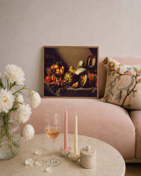Caravaggio - Still Life with Fruit and Gourds - framed print in a styled room