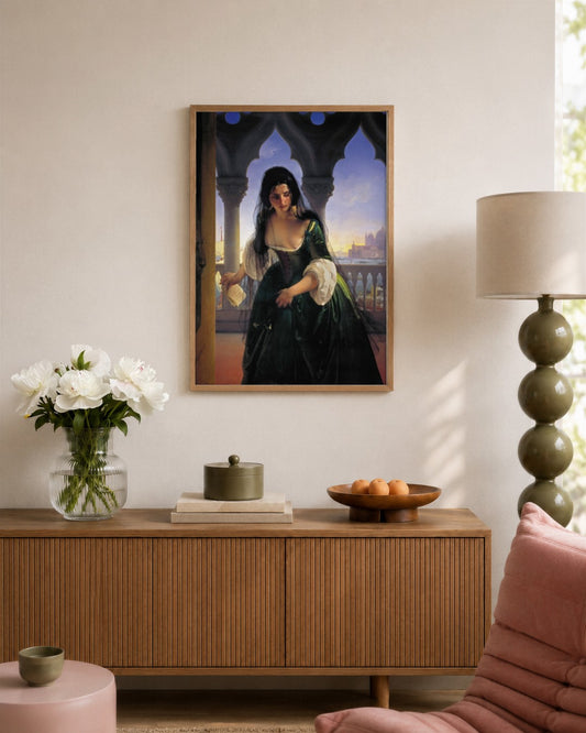 Francesco Hayez - Lady on a Venetian Balcony - framed print in a styled room