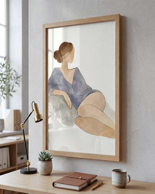 Cengiz Curtis - Serene Reclining Woman in Watercolour - framed print in a styled room