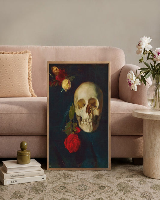 Carl Schuch - Skull and Roses - framed print in a styled room