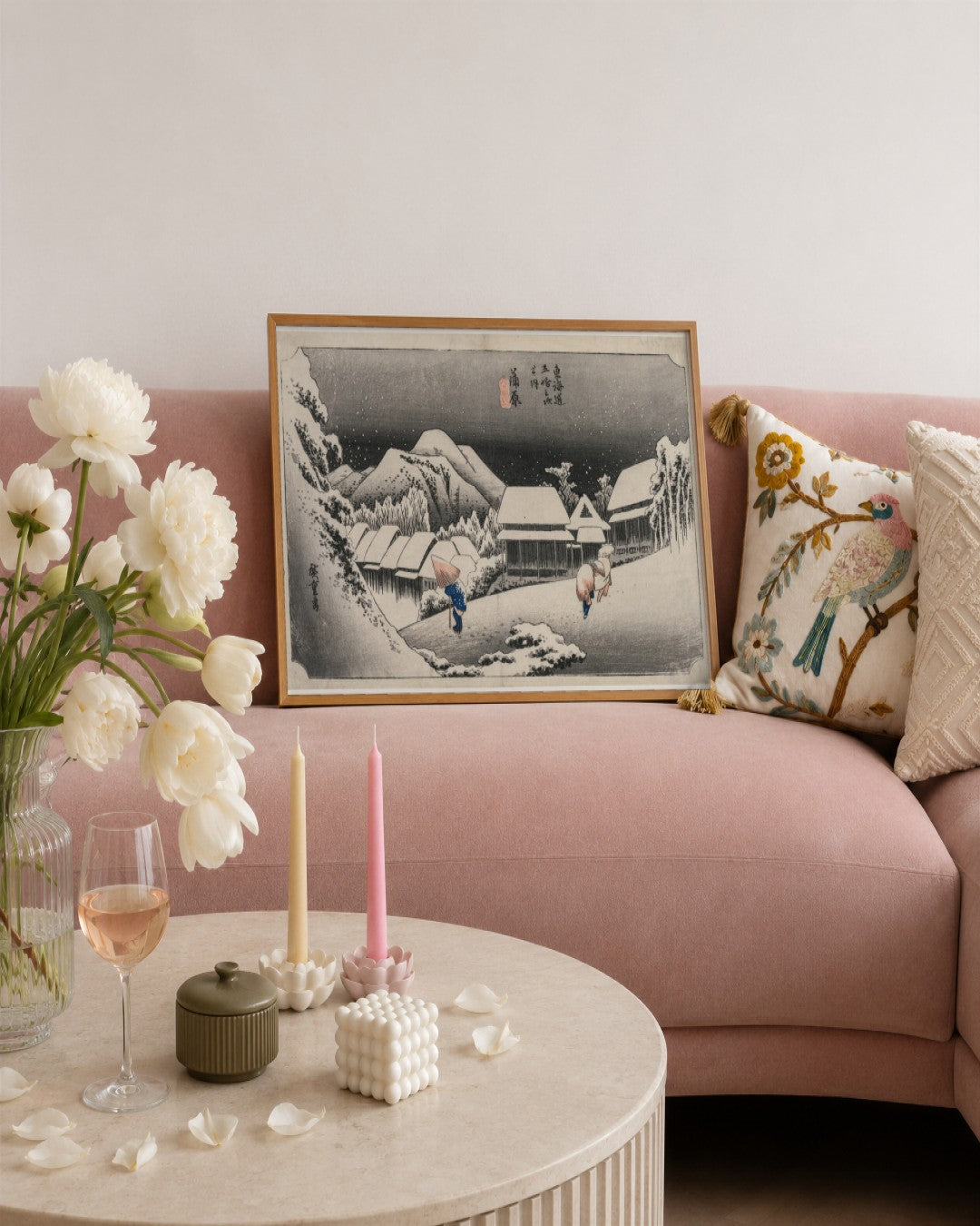 Utagawa Hiroshige - Evening Snow at Kambara (number sixteen of the series Fifty-three Stations of the Tokaido) - framed print in a styled room