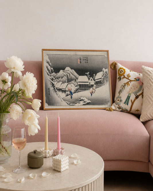 Utagawa Hiroshige - Evening Snow at Kambara (number sixteen of the series Fifty-three Stations of the Tokaido) - framed print in a styled room