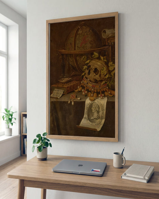 Edwaert Collier - Vanitas with Globe and Skull - framed print in a styled room