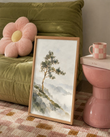 Cengiz Curtis - Windswept Tree in Misty Highlands - framed print in a styled room