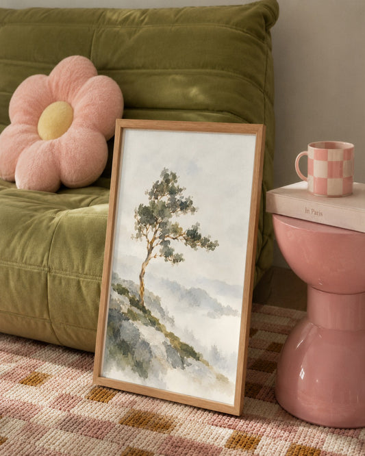 Cengiz Curtis - Windswept Tree in Misty Highlands - framed print in a styled room