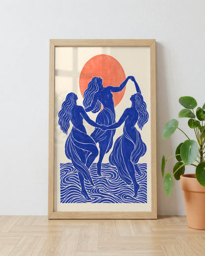 Yavr Johanssen - Indigo Dance Beneath the Coral Sun - framed print in a styled room