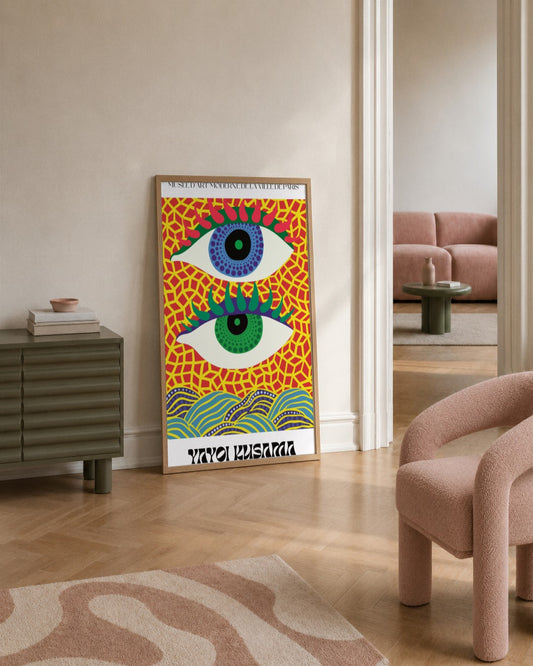Yayoi Kusama - Watchful Eyes - framed print in a styled room