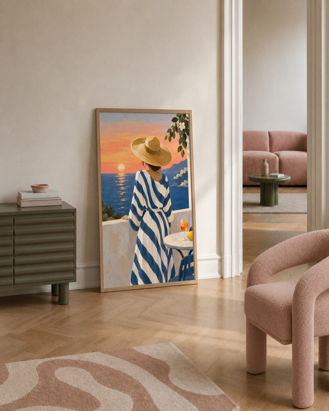 Jinna Jerre - Sunset Terrace by the Sea - framed print in a styled room