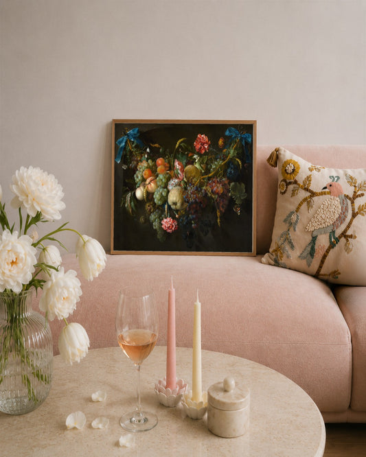 Jan Davidsz de Heem - Festoon of Fruit and Flowers - framed print in a styled room