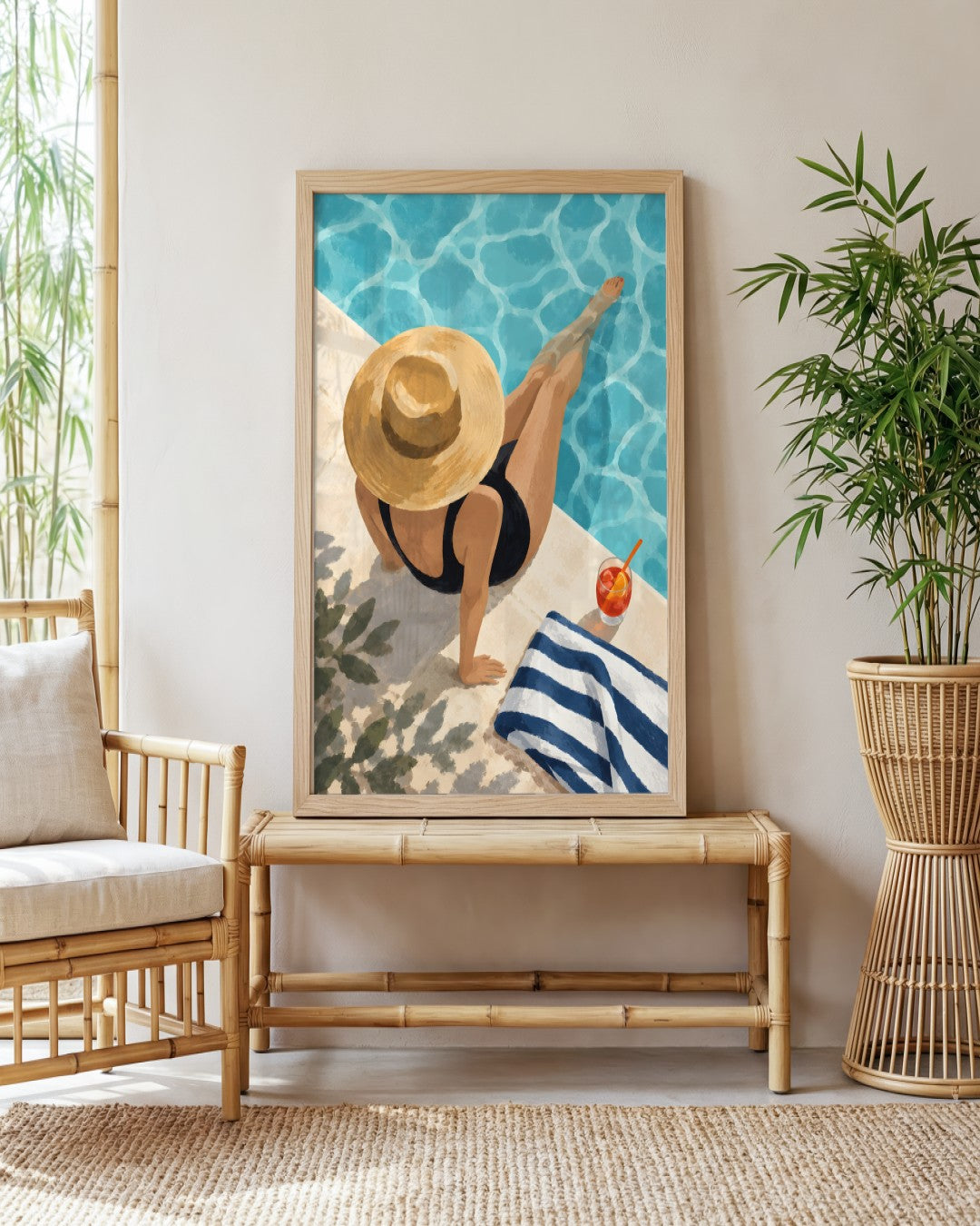 Jinna Jerre - Sunlit Poolside Retreat - framed print in a styled room