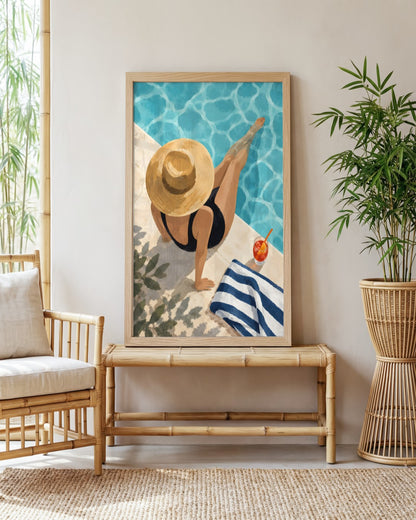 Jinna Jerre - Sunlit Poolside Retreat - framed print in a styled room