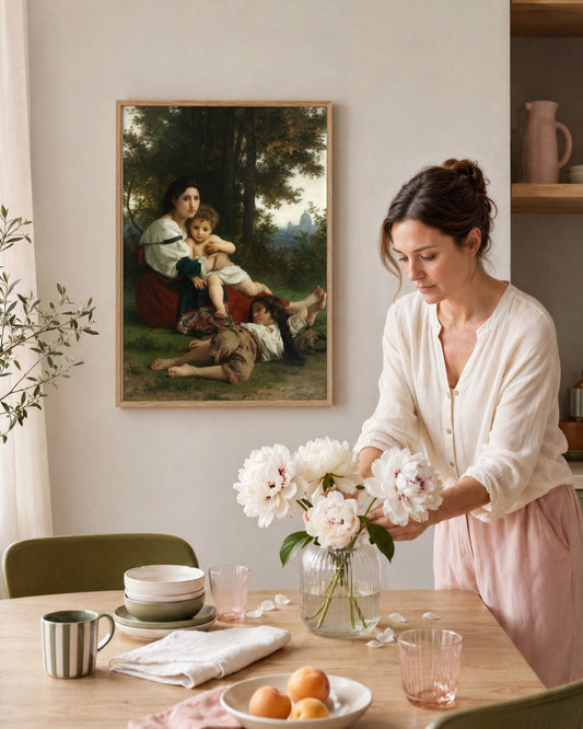 William-Adolphe Bouguereau - Resting Mother and Children - framed print in a styled room
