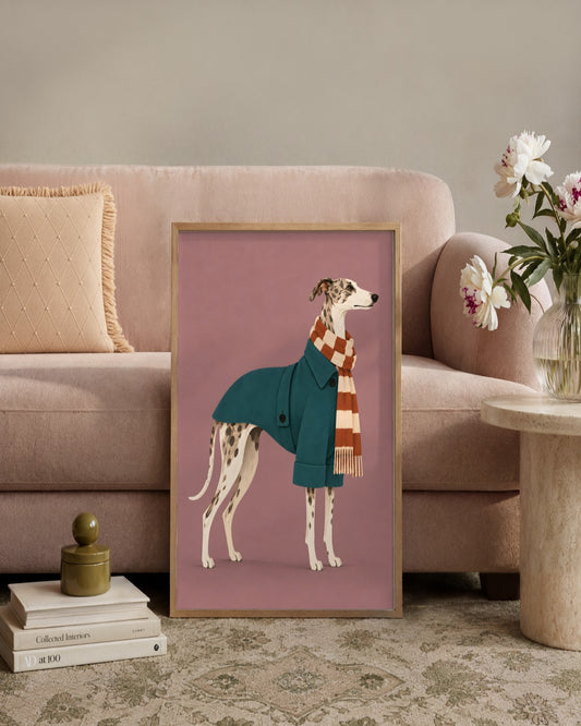 Elise Rowan - Winter Whippet - framed print in a styled room