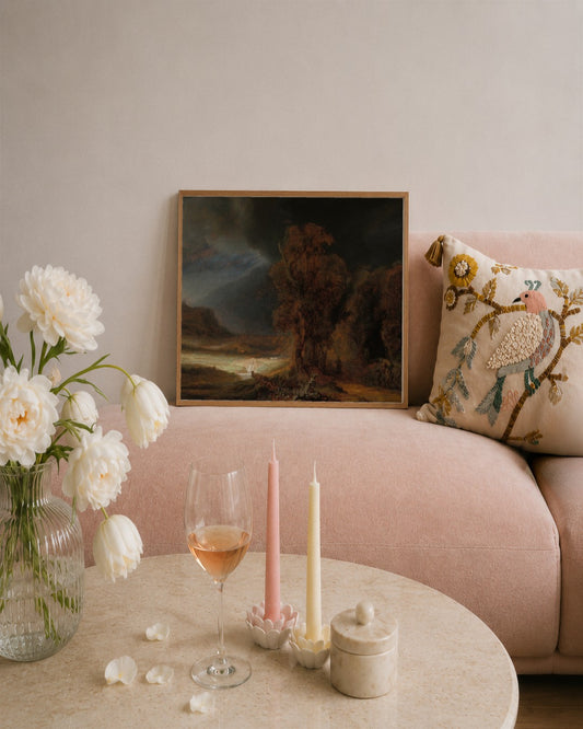 Rembrandt van Rijn - Stormy Landscape - framed print in a styled room