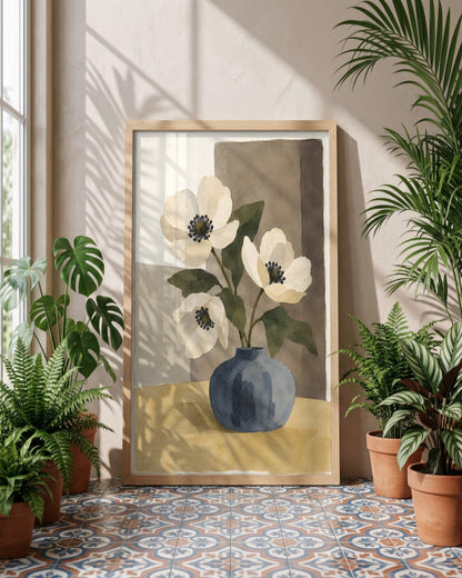 Cengiz Curtis - Minimalist Anemones in a Slate Vase - framed print in a styled room
