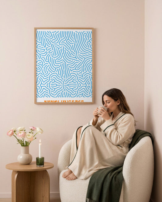 Yayoi Kusama - Blue Labyrinth - framed print in a styled room
