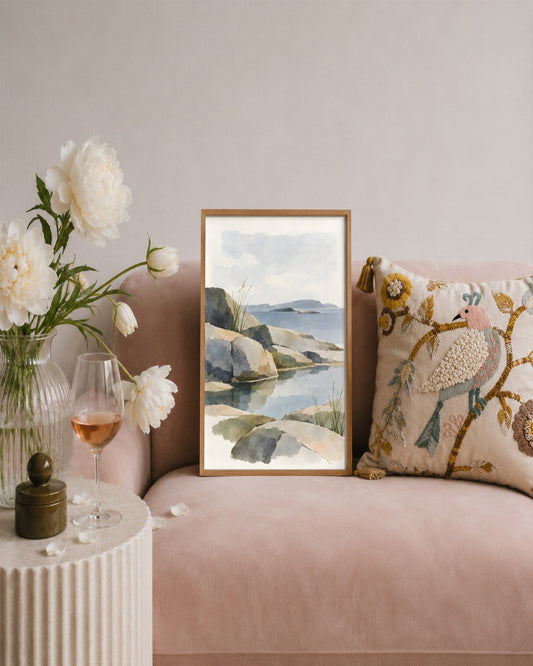 Cengiz Curtis - Serene Rocky Shoreline Study - framed print in a styled room
