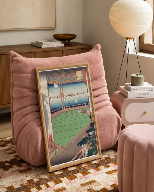 Utagawa Hiroshige - The Moon-Viewing Promontory, from One Hundred Views of Famous Places in Edo - framed print in a styled room