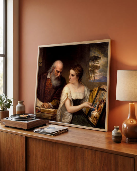Titian - The Painter and His Muse - framed print in a styled room