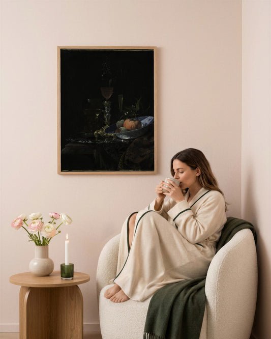 Willem Kalf - Wineglass and a Bowl of Fruit - framed print in a styled room