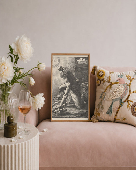 Frederick Sandys - Man Kneeling in Sunlight - framed print in a styled room
