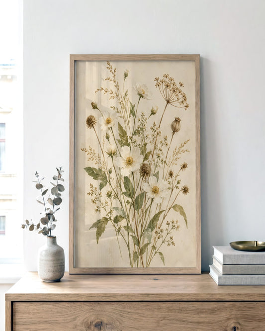 Hugo Morgan - Elegant Wildflower Watercolour Bouquet - framed print in a styled room