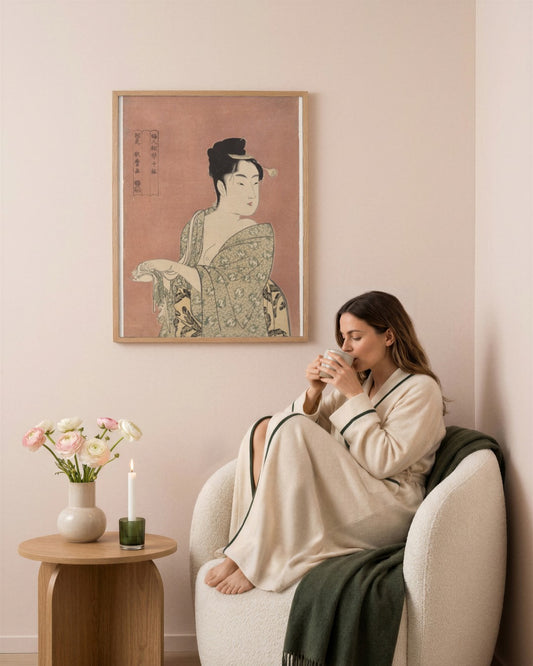 Kitagawa Utamaro - The Flirtatious Type, from Ten Types in the Physiognomy of Women - framed print in a styled room