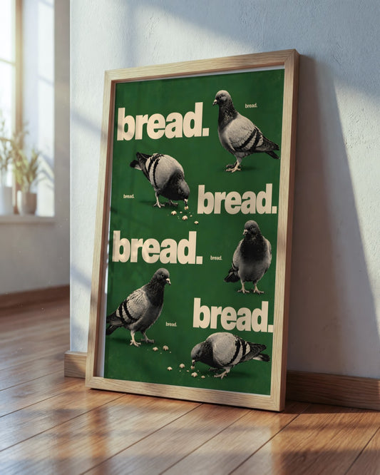 Felicity Hastings - Hungry Pigeons - framed print in a styled room