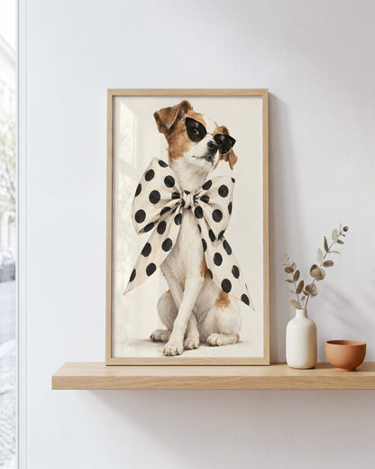 Hugo Morgan - Chic Polka Dot Bow Wearing Terrier - framed print in a styled room