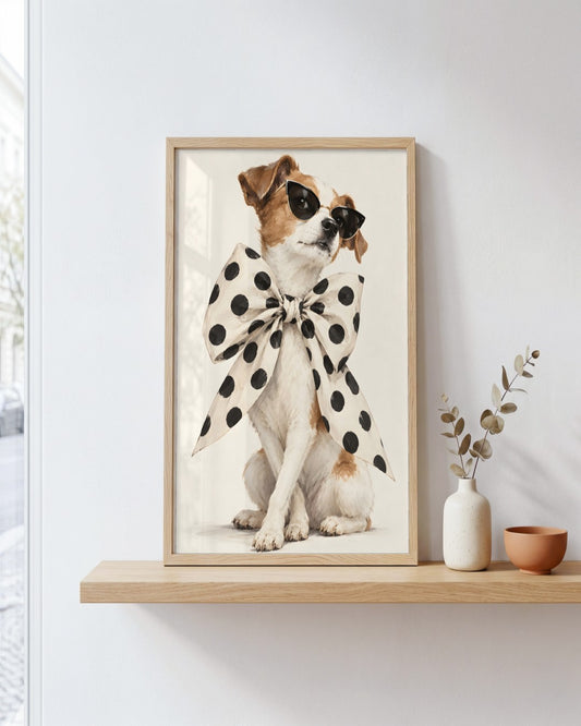 Hugo Morgan - Chic Polka Dot Bow Wearing Terrier - framed print in a styled room