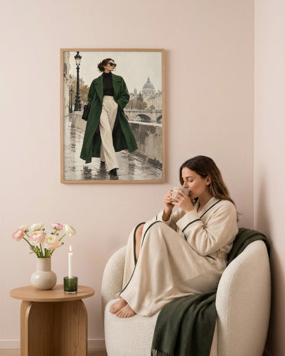 Hugo Morgan - Emerald Coat by the River - framed print in a styled room