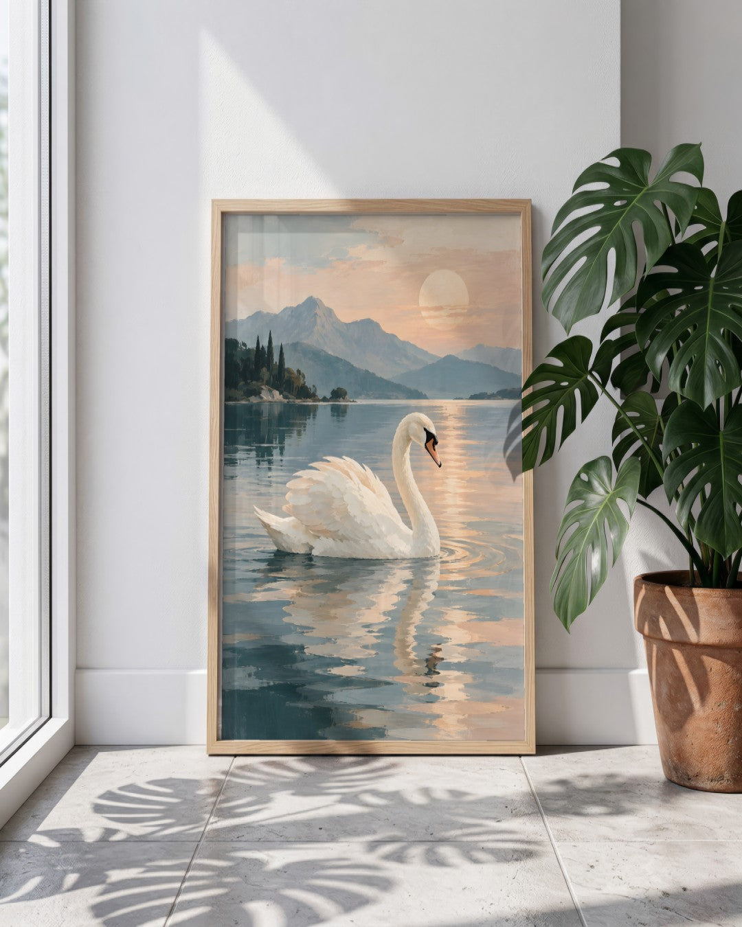 Jennet Hampsonn - Swan at Dawn on a Misty Lake - framed print in a styled room