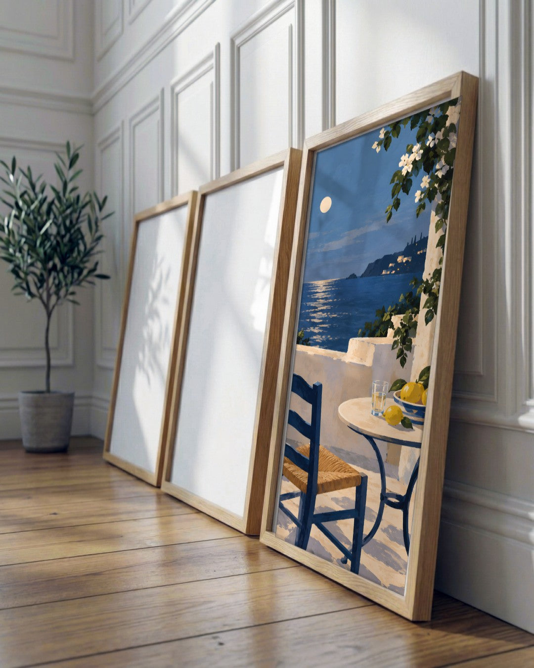 Jinna Jerre - Moonlit Mediterranean Terrace with Lemons - framed print in a styled room