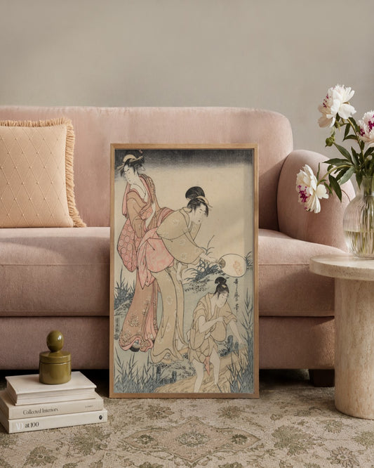 Kitagawa Utamaro - Catching Fireflies Beneath a Willow Tree (right) - framed print in a styled room