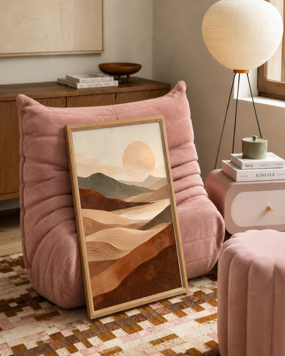 Jennet Hampsonn - Sunlit Abstract Desert Valleys - framed print in a styled room
