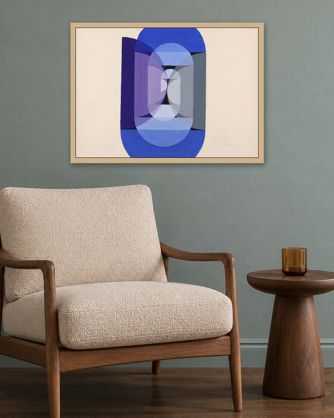 Joseph Schillinger - Blue Gray Violet Wheel (from series, the Mathematical Basis of the Arts) - oak frame in a room