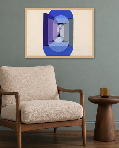 Joseph Schillinger - Blue Gray Violet Wheel (from series, the Mathematical Basis of the Arts) - oak frame in a room