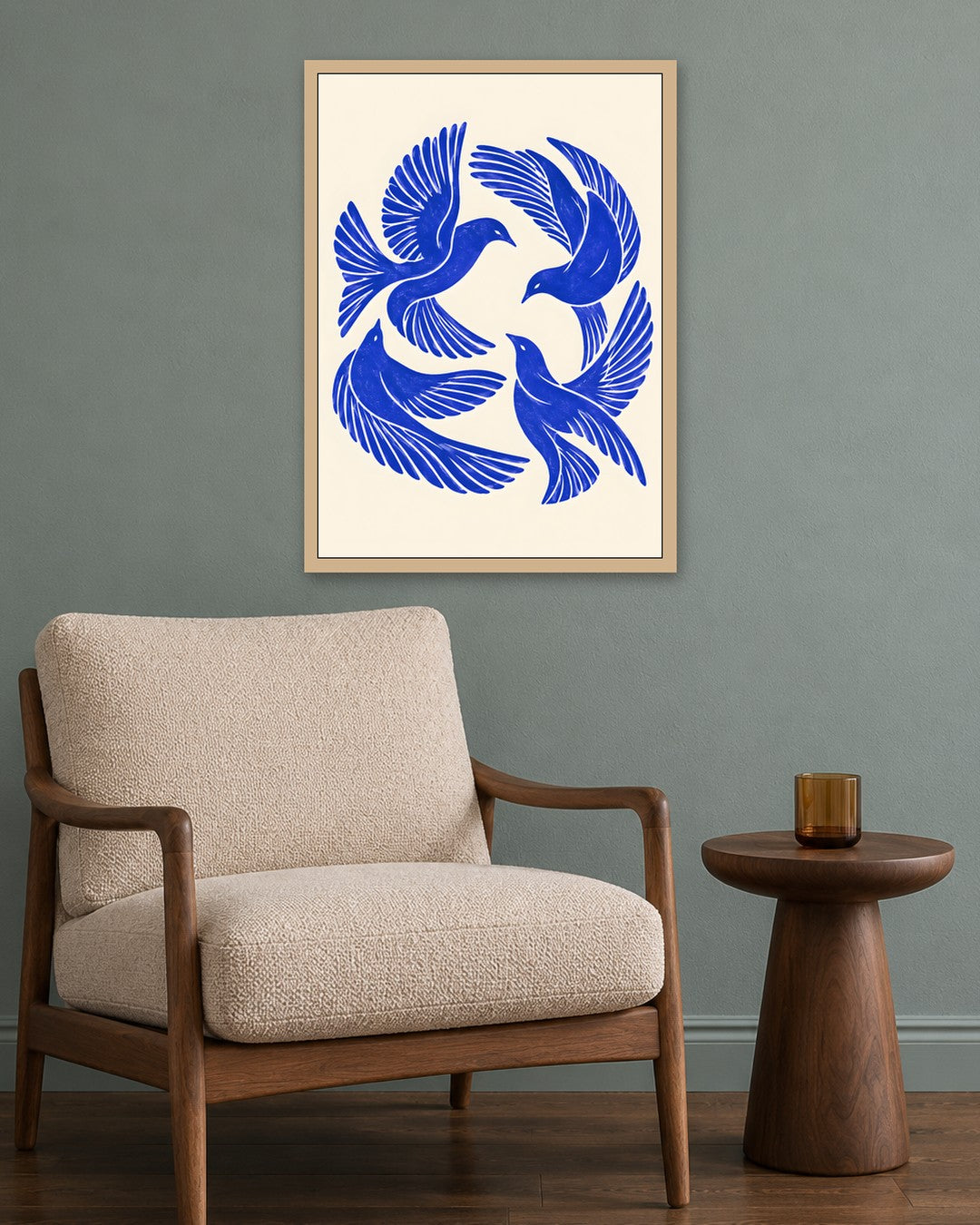 Yavr Johanssen - Swirling Blue Birds Linocut - oak frame in a room