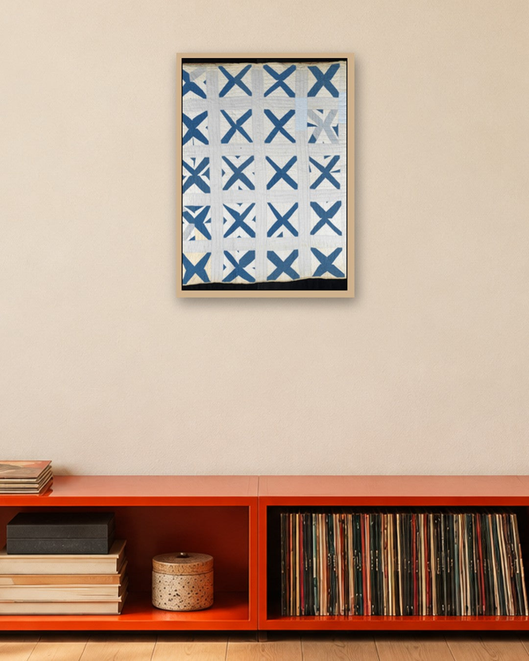 Untitled (Repeating X) - oak frame in a room