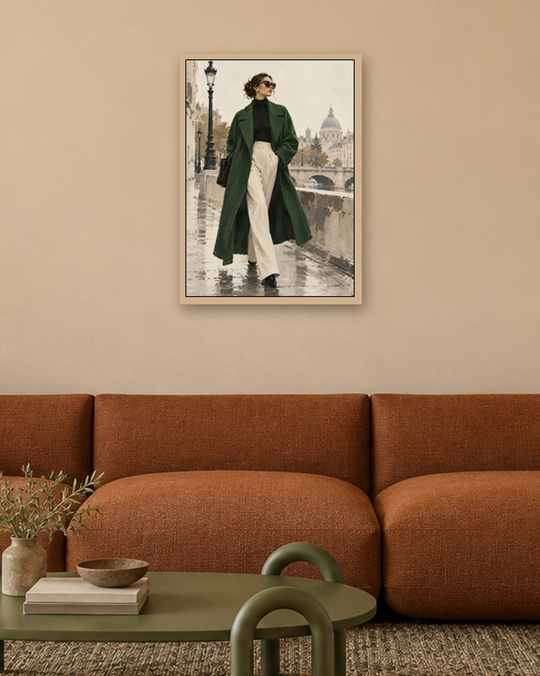 Hugo Morgan - Emerald Coat by the River - oak frame in a room