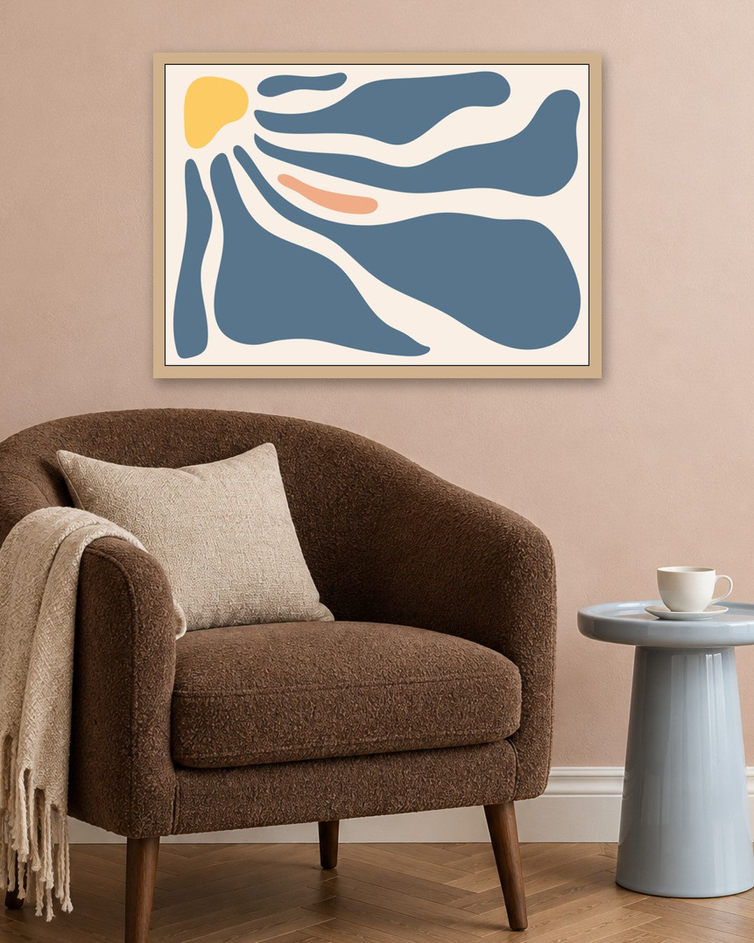 Abstract Wave - Blue - oak frame in a room