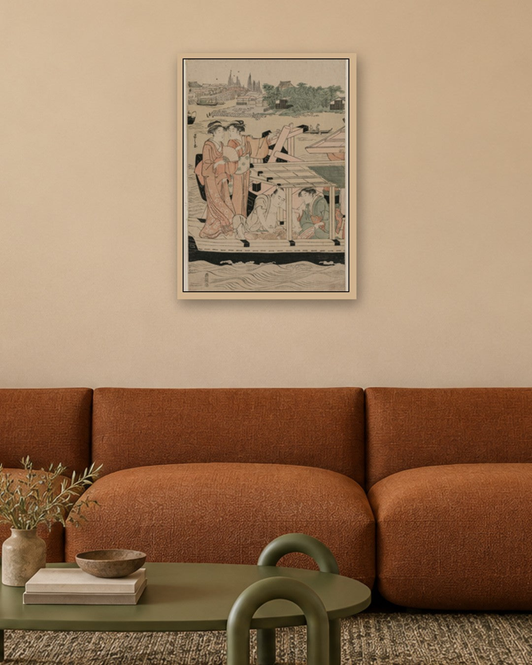 Chōbunsai Eishi - Leftmost Print from Pleasure Boats on the Sumida River beneath Shin-Ōhashi Bridge - oak frame in a room