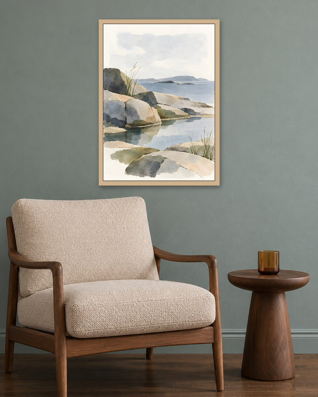 Cengiz Curtis - Serene Rocky Shoreline Study - oak frame in a room